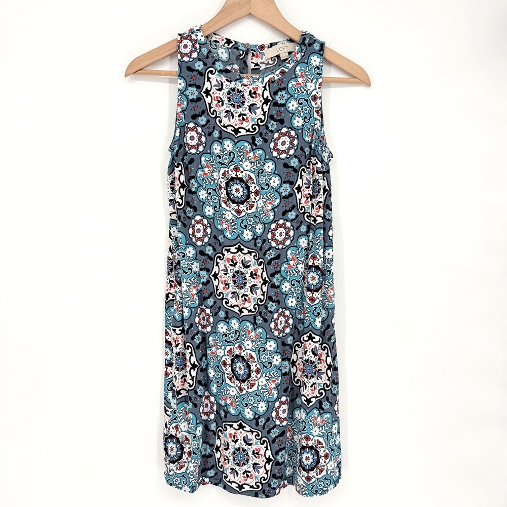 LOFT Blue Medallion Tile Print Sleeveless Shift Dress Petite XSP Rayon High Neck